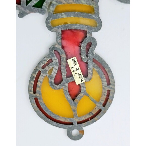 Stained Glass Vintage Suncatcher Christmas Ornament Lot 2 Candlestick & Bell VGC - Picture 6 of 8